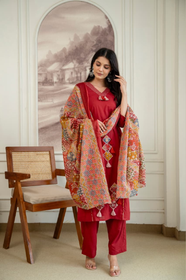 Heavy Cotton Hand Work Kurti Pant Dupatta Set