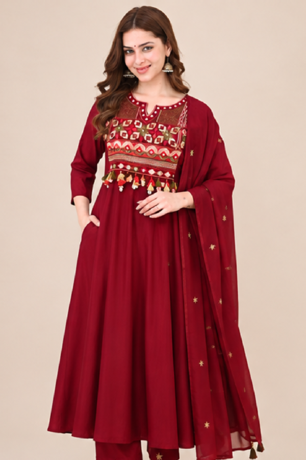 Cotton 60×60 Embroidered Anarkali Suit Set with Mul Cotton Dupatta