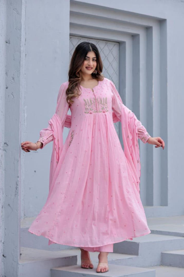 Cotton Embroidered Kurti Pant Dupatta Set with Malmal Dupatta