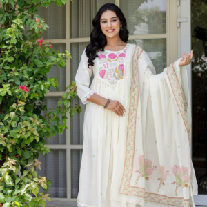 Pure Cotton Floral Embroidered Kurta Pant Dupatta Set