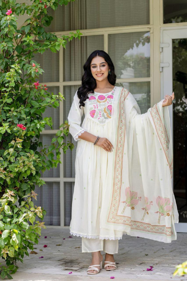 Pure Cotton Floral Embroidered Kurta Pant Dupatta Set