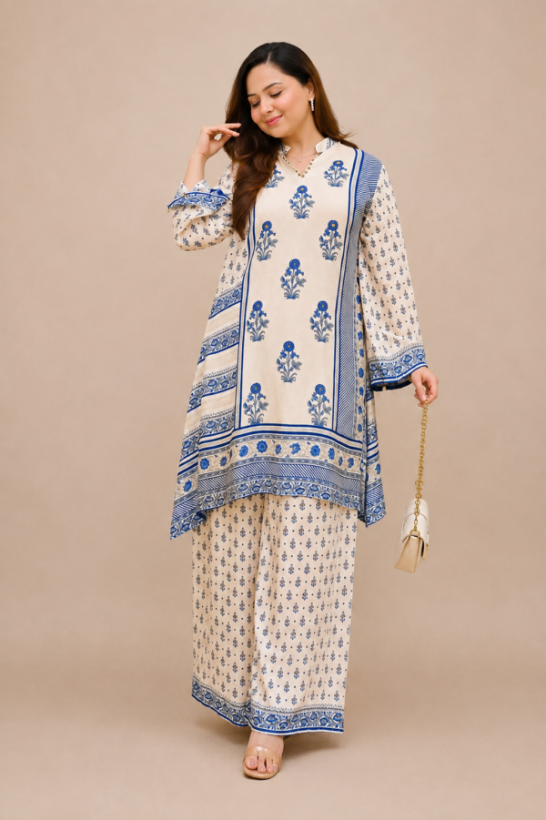 Premium Pure Crepe Ivory Blue Floral Printed Cord Set