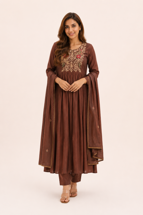 Premium Cotton Embroidered Anarkali 3-Piece Suit Set