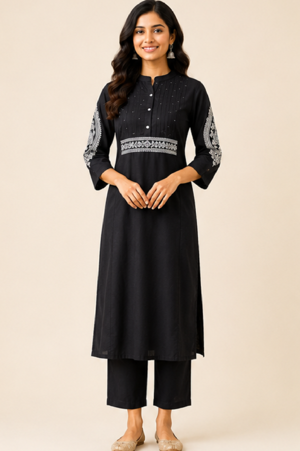 Premium Cotton Embroidered 2-Piece Kurti Pant Set