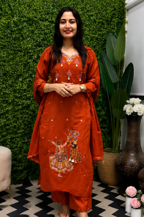 Navratri Special Heavy Cotton Embroidered Kurti Pant Set with Dupatta