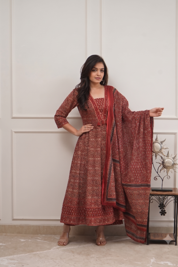 Printed Cotton Anarkali Suit Set with Katha Hand Work