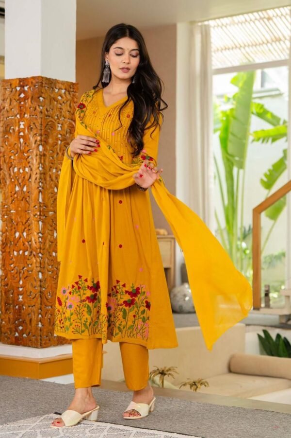 Premium Pure Cotton Adda Work Flared Anarkali Suit Set
