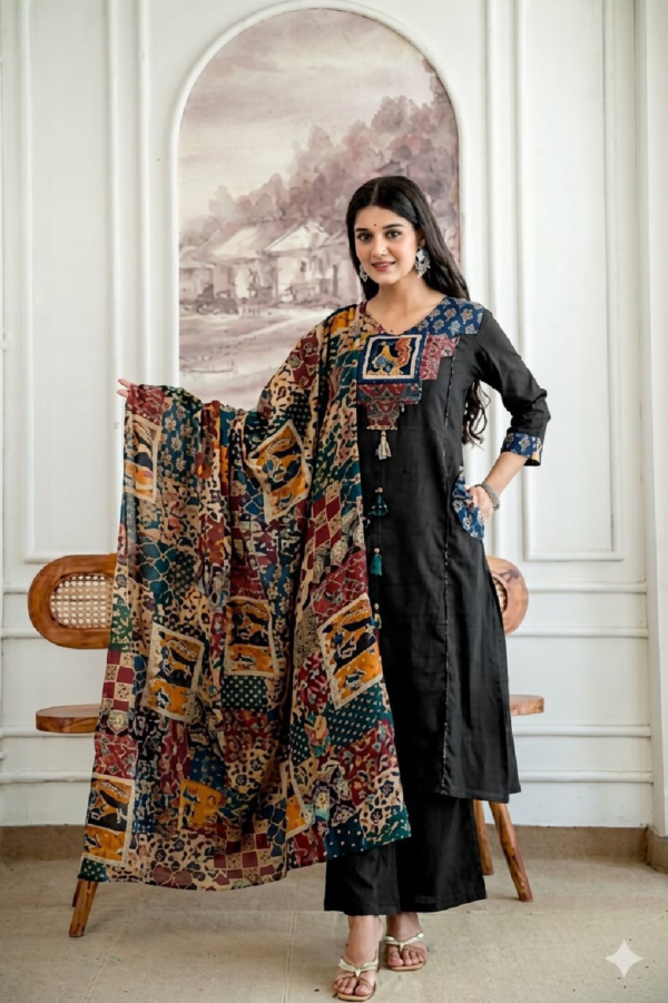 Premium Cotton Kalamkari Print Kurta Plazo Dupatta Suit Set