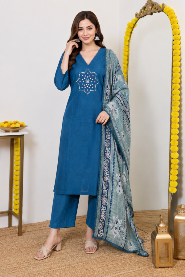 Cotton 60/60 Embroidered Kurta Pant with Hand Block Dupatta Set