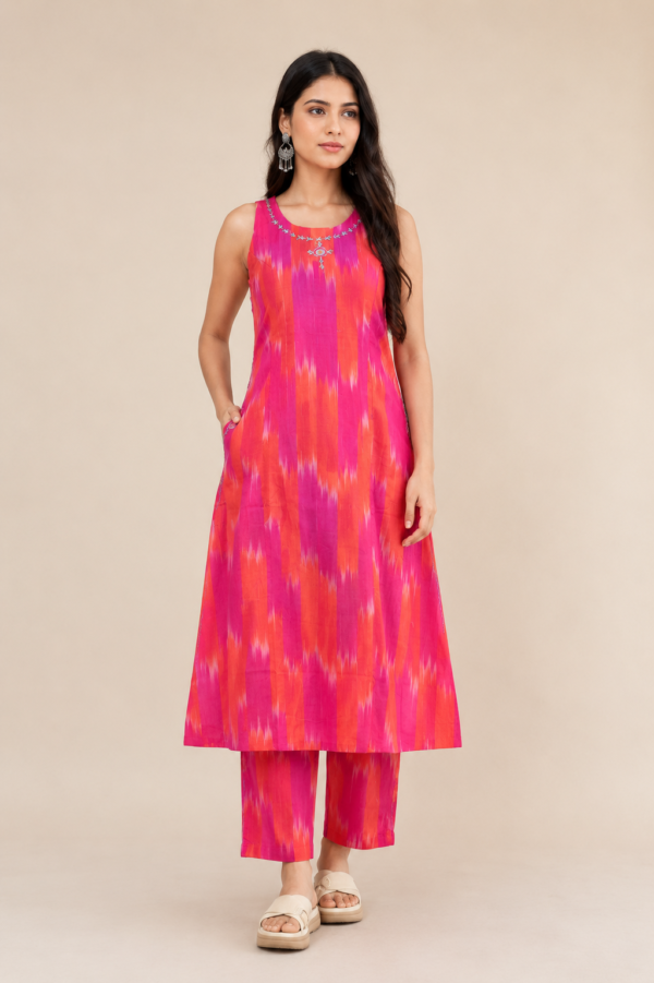 Heavy Cotton Hand Work Kurti with Pant & Attached Sleeves Set