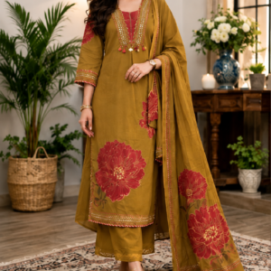 Cotton Heavy Embroidered Kurti Pant Dupatta Set with Sequin Work