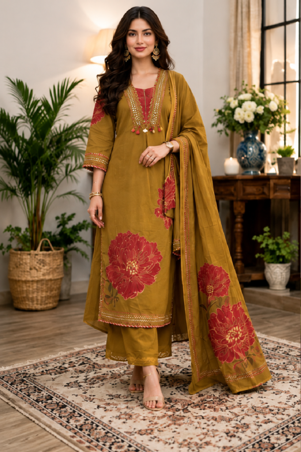 Cotton Heavy Embroidered Kurti Pant Dupatta Set with Sequin Work