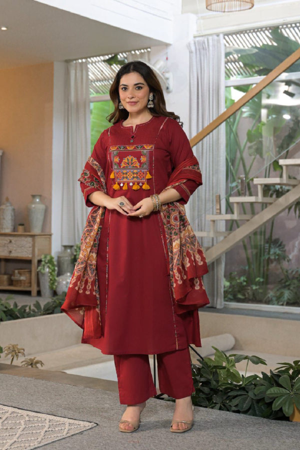 Premium Cotton 60×60 A-Line Embroidered Kurti Pant Set with Printed Dupatta
