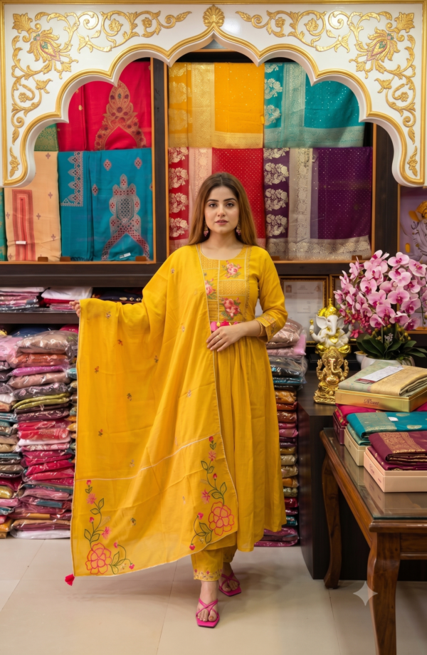 Pure Cotton 60×60 Self-Weave Embroidered A-Line Suit Set