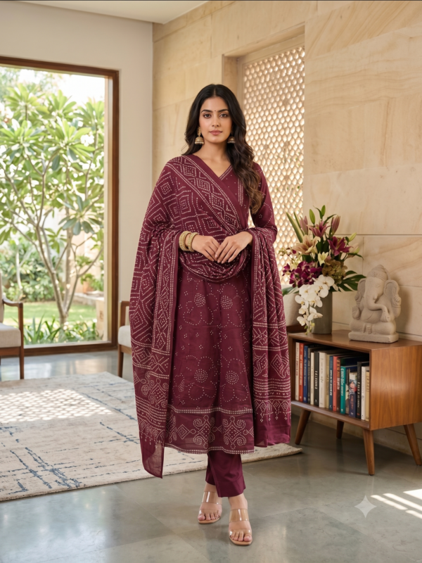 Cotton Bandhej Print Adda Work Anarkali Kurti Plazo Dupatta Set