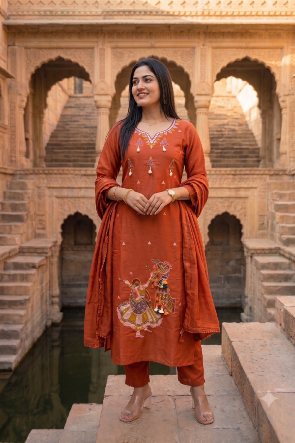 Heavy Cotton Designer Embroidered Straight Kurti Pant Dupatta Set