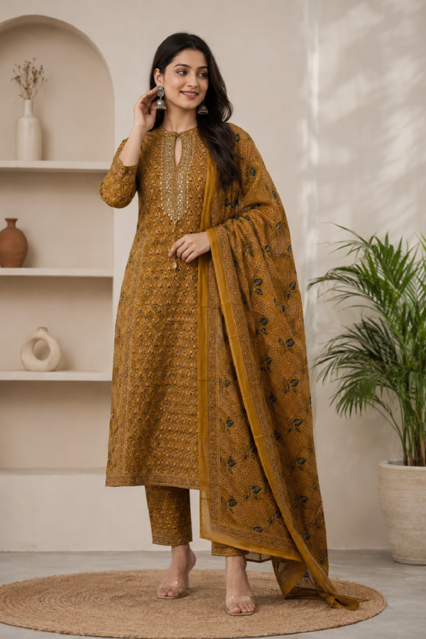 Cotton Sanganeri Print Anarkali Suit Set with Adda Work