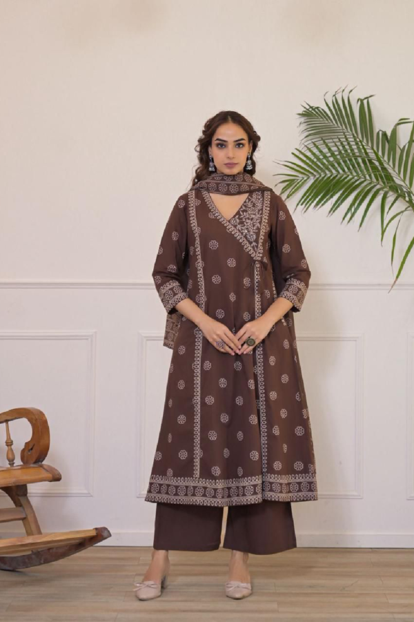 Cotton 60×60 Angrakha Style A-Line Suit Set with Adda Work
