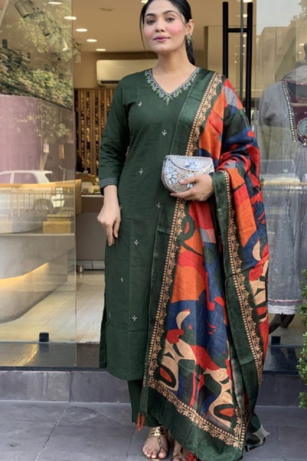 Premium Cotton Embroidered Straight Suit Set with Muslin Digital Print Dupatta