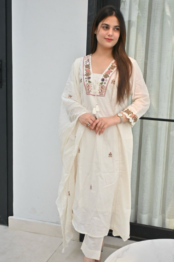 Cotton Flex A-Line Embroidered Suit Set with Malmal Dupatta