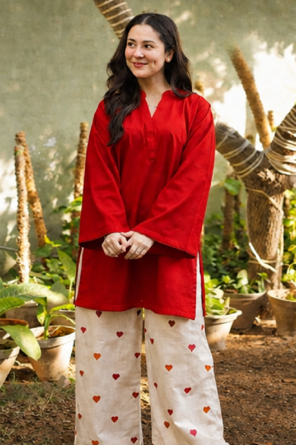 Cotton 60×60 Embroidered Kurta with Heart-Print Palazzo Pant