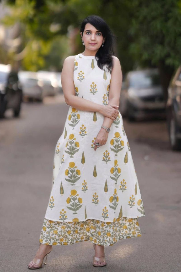 Premium Floral Cotton Flex A-Line Kurti Palazzo Set with Pockets
